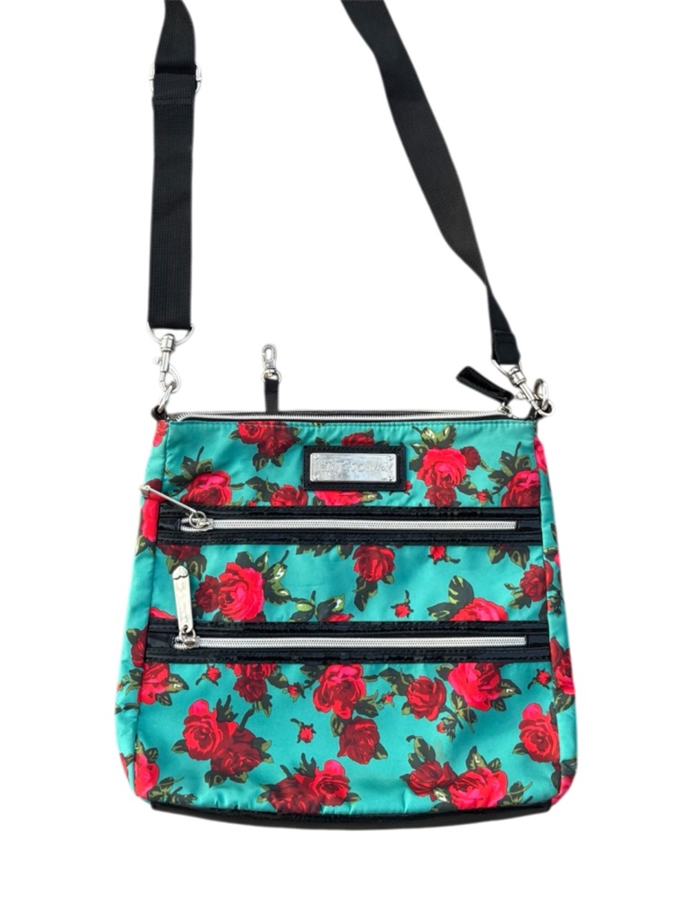 Betsey Johnson Y2K Teal Rose Print Crossbody Bag Floral Vintage